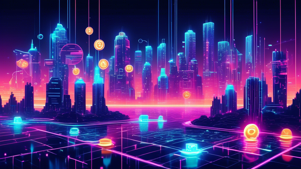 Create an image depicting a futuristic digital landscape where artificial intelligence and cryptocurrency intersect. Include a network of holographic AI symbols interacting with floating digital coins and blockchain chains. The background should feature a cityscape with futuristic buildings, illuminated by neon lights, symbolizing the advancement and integration of AI technologies in the financial world.