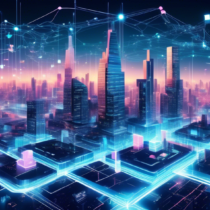 Create an illustration of a futuristic digital cityscape that visually represents advanced blockchain technology. In the foreground, depict interconnected blocks symbolizing the blockchain, each with glowing data streams between them. Include elements like holographic interfaces, coding symbols, and modern architecture to convey the concept of AAA - Accessibility, Adaptability, and Autonomy - within blockchain technology. The ambiance should be high-tech and visionary, capturing the essence of a comprehensive digital transformation.