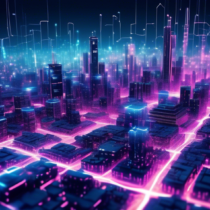 Create an image depicting a futuristic, high-tech city with the structures and buildings made of interconnected digital blocks, symbolizing blockchain technology. The skyline is illuminated with neon lights representing data flowing through the city, and there are transparent layers showing complex algorithms and nodes forming networks above the structures. The scene should convey a sense of innovation, complexity, and interconnectedness, highlighting the inner workings and architecture of blockchain technology.