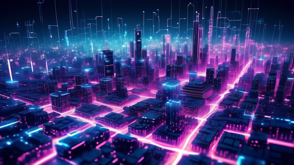 Create an image depicting a futuristic, high-tech city with the structures and buildings made of interconnected digital blocks, symbolizing blockchain technology. The skyline is illuminated with neon lights representing data flowing through the city, and there are transparent layers showing complex algorithms and nodes forming networks above the structures. The scene should convey a sense of innovation, complexity, and interconnectedness, highlighting the inner workings and architecture of blockchain technology.