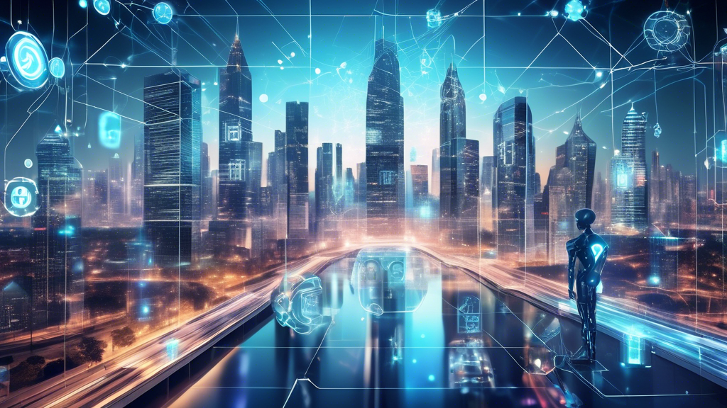 Create an image that illustrates the concept of AI and blockchain technology merging to revolutionize the future. Depict a futuristic cityscape where artificial intelligence elements, such as humanoid robots and digital assistants, are seamlessly integrated with blockchain symbols like interconnected chains and digital ledgers. In the background, show a bustling city with skyscrapers adorned with holographic displays showcasing AI and blockchain data streams, symbolizing the symbiotic relationship between these technologies in shaping a new era. Use a palette of vibrant blues and greens to evoke a sense of innovation and advancement.