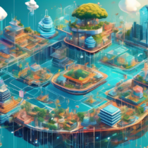 Create a detailed and futuristic illustration of a bustling digital marketplace, where a variety of blockchain platforms are visually represented as interconnected, floating digital islands. Each island is labeled with the name of a different blockchain platform and is designed with its own unique architectural style, symbolizing the diverse functionalities and innovations of each platform. The scene should be vibrant and filled with digital activity, like streams of data and blockchain nodes, showing an interconnected network. The background should depict a technological city skyline with advanced digital infrastructure, highlighting the integration of blockchain into the urban fabric.