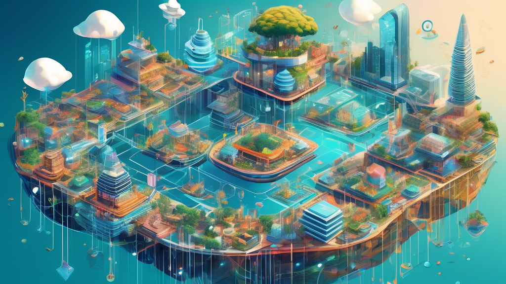 Create a detailed and futuristic illustration of a bustling digital marketplace, where a variety of blockchain platforms are visually represented as interconnected, floating digital islands. Each island is labeled with the name of a different blockchain platform and is designed with its own unique architectural style, symbolizing the diverse functionalities and innovations of each platform. The scene should be vibrant and filled with digital activity, like streams of data and blockchain nodes, showing an interconnected network. The background should depict a technological city skyline with advanced digital infrastructure, highlighting the integration of blockchain into the urban fabric.