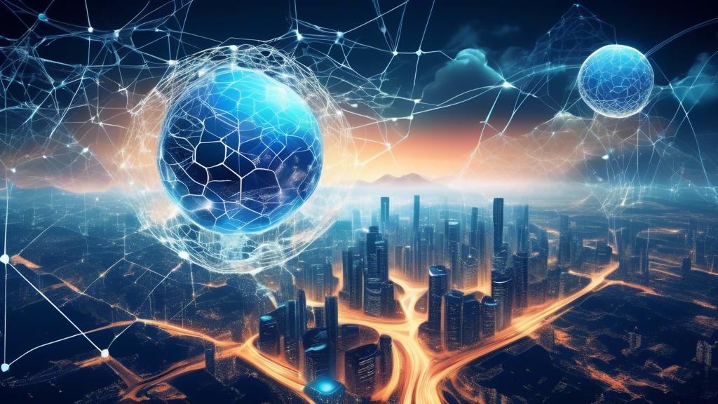 Create an image depicting a futuristic digital landscape illustrating the integration of cloud computing and blockchain technology, symbolized by interconnected chains and cloud servers. Incorporate elements representing Akamai's role, such as a globe enveloped by protective digital patterns, showcasing a seamless network. Include abstract visuals representing the speed, security, and reliability that Akamai brings to this technological advancement. The image should have a harmonious blend of blue, white, and green tones to convey innovation and trust.