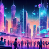 Create an imaginative and visually captivating illustration of a futuristic cityscape where every building and structure is constructed from interconnected blockchain elements. This city, teeming with vibrant digital life, features giant holographic displays that educate its citizens on various aspects of blockchain technology, from cryptocurrency exchanges to smart contracts. In the foreground, diverse individuals can be seen engaging with interactive blockchain interfaces, symbolizing the global and inclusive nature of blockchain's evolution. The overall mood is one of innovation, transparency, and endless possibilities, reflecting the fascinating world of blockchain.