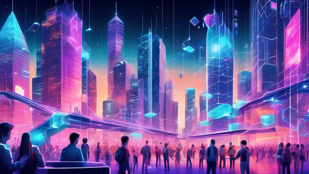 Create an imaginative and visually captivating illustration of a futuristic cityscape where every building and structure is constructed from interconnected blockchain elements. This city, teeming with vibrant digital life, features giant holographic displays that educate its citizens on various aspects of blockchain technology, from cryptocurrency exchanges to smart contracts. In the foreground, diverse individuals can be seen engaging with interactive blockchain interfaces, symbolizing the global and inclusive nature of blockchain's evolution. The overall mood is one of innovation, transparency, and endless possibilities, reflecting the fascinating world of blockchain.