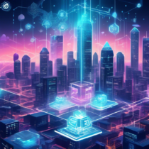 Create an image that depicts the concept of AI Crypto Revolution by illustrating a futuristic financial cityscape powered by AI and blockchain technologies. Include elements like digital currency symbols glowing in the air, sleek robotic figures interacting with transparent digital holographic interfaces, and buildings incorporating elements of circuit patterns and blockchain cubes. The atmosphere should exude innovation, with a blend of human and AI harmony, symbolizing the integration and advancement of AI in the crypto financial sector.