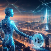 Create an image depicting the dynamic intersection of artificial intelligence and cryptocurrency. Visualize a futuristic cityscape where digital circuits and blockchain patterns are seamlessly integrated into the architecture. In the foreground, an AI-generated robotic figure examines a holographic cryptocurrency coin, symbolizing the opportunities and challenges presented by this technological convergence. The background should feature elements representing innovation, security, and volatility in both AI and crypto spaces.