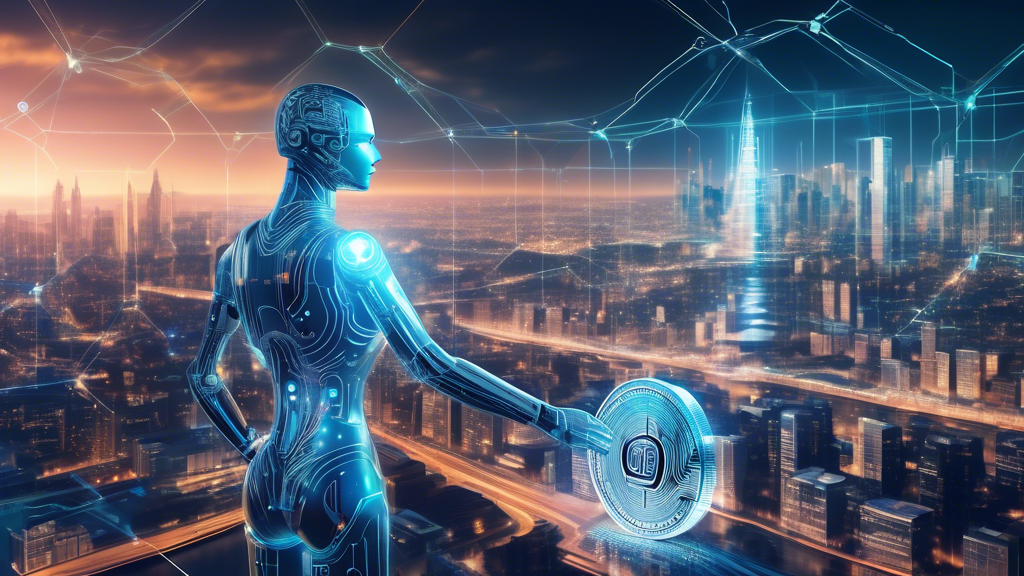 Create an image depicting the dynamic intersection of artificial intelligence and cryptocurrency. Visualize a futuristic cityscape where digital circuits and blockchain patterns are seamlessly integrated into the architecture. In the foreground, an AI-generated robotic figure examines a holographic cryptocurrency coin, symbolizing the opportunities and challenges presented by this technological convergence. The background should feature elements representing innovation, security, and volatility in both AI and crypto spaces.