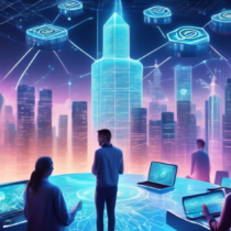 Create an image illustrating a futuristic cityscape where AI-powered drones are actively analyzing and managing digital cryptocurrency transactions. In the foreground, a diverse group of individuals are engaging with holographic displays that depict real-time cryptocurrency data visualizations and blockchain networks. The background features digital skyscrapers with cryptocurrency symbols, symbolizing the integration of AI technology in the digital economy. The atmosphere is vibrant and dynamic, reflecting the transformative impact of AI on cryptocurrency.