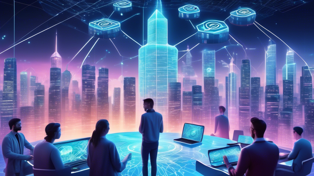 Create an image illustrating a futuristic cityscape where AI-powered drones are actively analyzing and managing digital cryptocurrency transactions. In the foreground, a diverse group of individuals are engaging with holographic displays that depict real-time cryptocurrency data visualizations and blockchain networks. The background features digital skyscrapers with cryptocurrency symbols, symbolizing the integration of AI technology in the digital economy. The atmosphere is vibrant and dynamic, reflecting the transformative impact of AI on cryptocurrency.