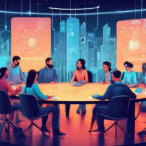 Create an imaginative and conceptual illustration depicting the evolution of blockchain technology. Show a diverse group of people, including tech developers, business professionals, and casual users, brainstorming and discussing alternative names for blockchain around a large round table. In the background, display a futuristic cityscape with digital screens showing various proposed names like Digital Ledger Network and Chain of Trust. Emphasize a collaborative and innovative atmosphere with holographic visuals and vibrant colors.