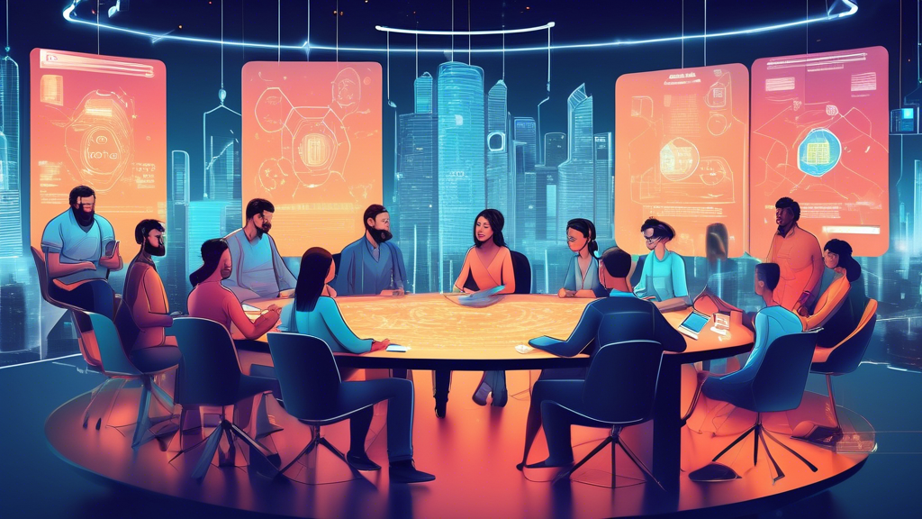 Create an imaginative and conceptual illustration depicting the evolution of blockchain technology. Show a diverse group of people, including tech developers, business professionals, and casual users, brainstorming and discussing alternative names for blockchain around a large round table. In the background, display a futuristic cityscape with digital screens showing various proposed names like Digital Ledger Network and Chain of Trust. Emphasize a collaborative and innovative atmosphere with holographic visuals and vibrant colors.