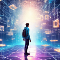 Create an imaginative and visually captivating illustration of a young man, Andrew, stepping into a futuristic digital realm symbolizing the world of blockchain. The scene should include glowing blockchain nodes, digital currencies floating around, and a pathway made of interconnected blocks leading into the distance. Andrew should appear curious and determined, with a light emanating from his laptop, highlighting the innovative spirit of his journey into blockchain technology.