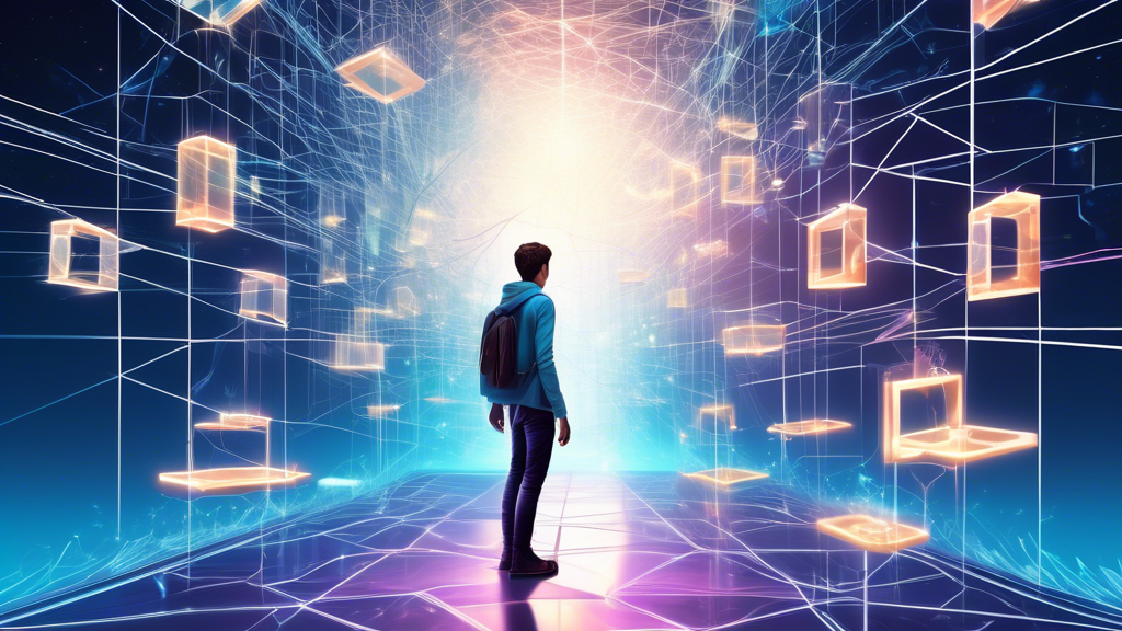 Create an imaginative and visually captivating illustration of a young man, Andrew, stepping into a futuristic digital realm symbolizing the world of blockchain. The scene should include glowing blockchain nodes, digital currencies floating around, and a pathway made of interconnected blocks leading into the distance. Andrew should appear curious and determined, with a light emanating from his laptop, highlighting the innovative spirit of his journey into blockchain technology.