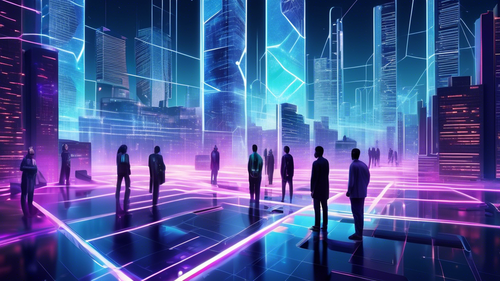 Create an image that illustrates the concept of futuristic blockchain technology, titled The Future of Amalgam Blockchain Technology. The scene is set in a high-tech urban environment with sleek, modern architecture. In the foreground, depict interconnected digital blocks with flowing circuits and neon lights, symbolizing the dynamic and evolving nature of blockchain. Include diverse professionals engaging with holographic displays that show complex data and network connections, representing the collaborative and innovative spirit of this emerging technology. The overall ambiance should convey a sense of progress, connectivity, and the limitless potential of blockchain advancements.