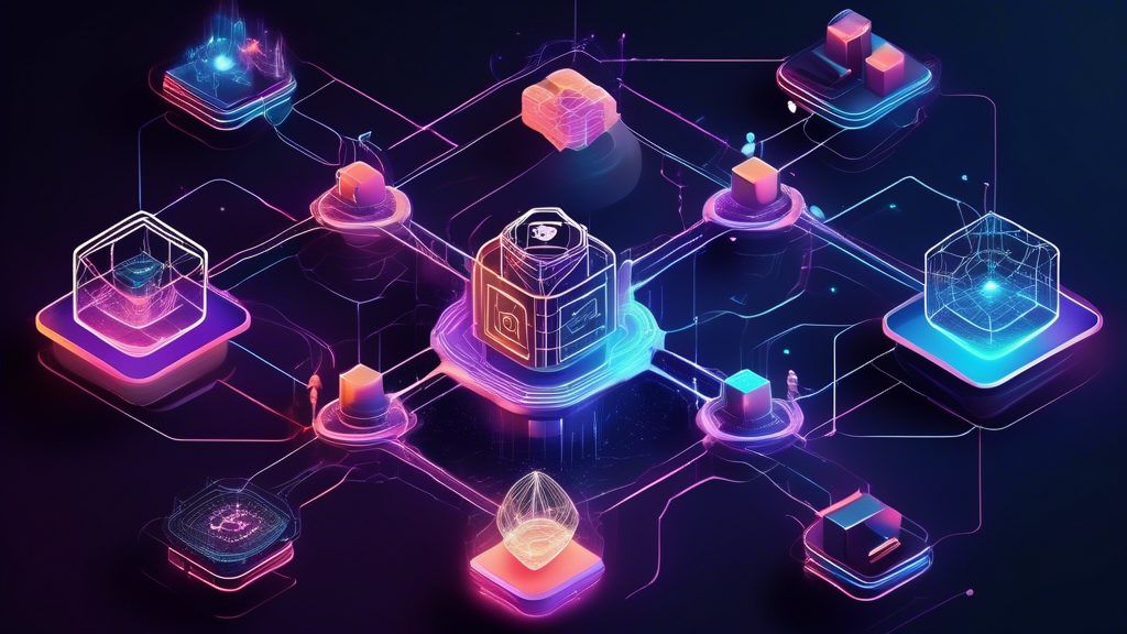 Create an image that visually represents the concept of blockchain technology's influence on modern technology. Imagine an interconnected digital world where a web of glowing, intricate blockchain chains expands, interlinking various technological elements like AI, cloud computing, IoT devices, and cybersecurity systems. The scene should be futuristic and vibrant, showcasing a harmonious integration of these technologies with blockchain as the central connecting hub, illuminating the path towards innovation and progress.