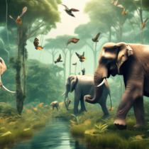 Create an imaginative image that illustrates the concept of animal blockchain technology revolutionizing wildlife conservation. The scene should depict a vibrant and lush forest filled with diverse wildlife such as elephants, tigers, and birds. In the background, integrate subtle visual elements like digital networks and blockchain symbols that seamlessly blend into the natural surroundings, symbolizing the fusion of technology and nature. The atmosphere should convey a sense of harmony, innovation, and hope for the future of wildlife conservation.