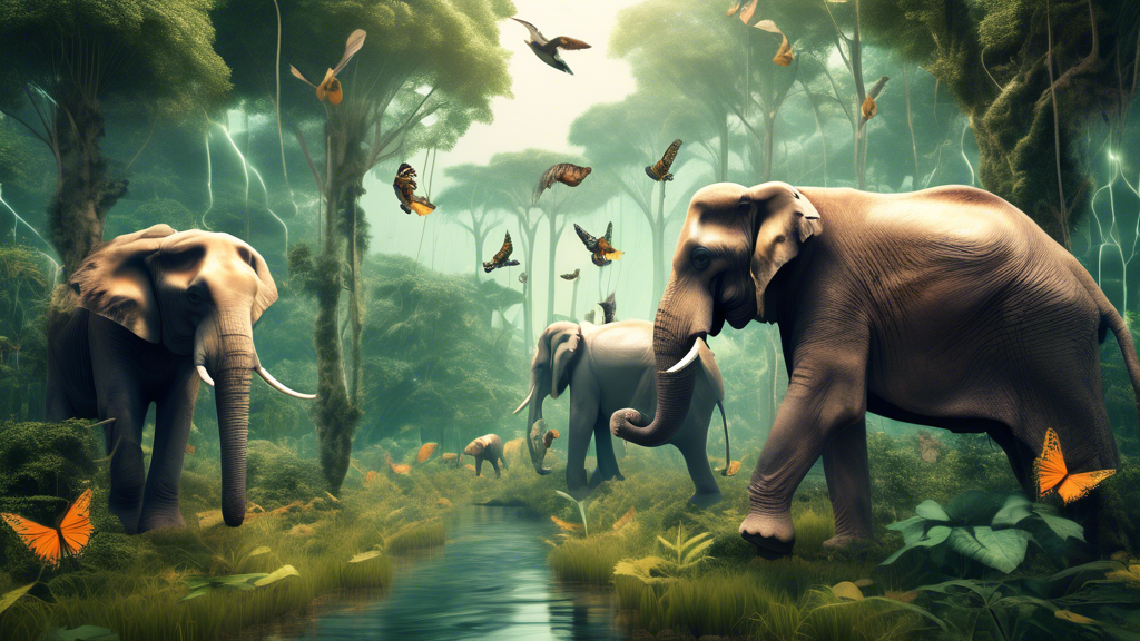 Create an imaginative image that illustrates the concept of animal blockchain technology revolutionizing wildlife conservation. The scene should depict a vibrant and lush forest filled with diverse wildlife such as elephants, tigers, and birds. In the background, integrate subtle visual elements like digital networks and blockchain symbols that seamlessly blend into the natural surroundings, symbolizing the fusion of technology and nature. The atmosphere should convey a sense of harmony, innovation, and hope for the future of wildlife conservation.