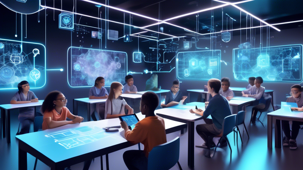 Create an image of a futuristic classroom setting where diverse students are engaged in a hands-on workshop about blockchain technology. The scene includes holographic screens displaying blockchain networks and diagrams, a teacher guiding with an interactive digital tablet, and students using virtual reality headsets to explore the concept of blockchain. Include elements like 3D models of blocks and chains, and keywords like decentralization and ledger floating in the background, symbolizing the core concepts being taught.