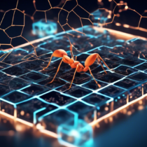 Create a visually engaging image that represents a futuristic digital landscape, featuring a stylized representation of an ant made of interconnected blockchain links. The ant is navigating through a network of glowing, transparent blocks symbolizing data and transactions within a virtual environment. Incorporate elements that suggest technology and innovation, such as circuit patterns and digital codes, to emphasize the theme of blockchain. The overall atmosphere should be modern and educational, with a subtle touch of simplicity to make the concept easily understandable for beginners.