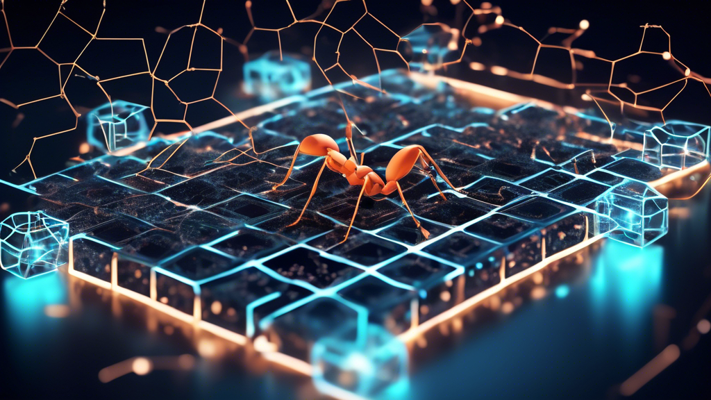 Create a visually engaging image that represents a futuristic digital landscape, featuring a stylized representation of an ant made of interconnected blockchain links. The ant is navigating through a network of glowing, transparent blocks symbolizing data and transactions within a virtual environment. Incorporate elements that suggest technology and innovation, such as circuit patterns and digital codes, to emphasize the theme of blockchain. The overall atmosphere should be modern and educational, with a subtle touch of simplicity to make the concept easily understandable for beginners.