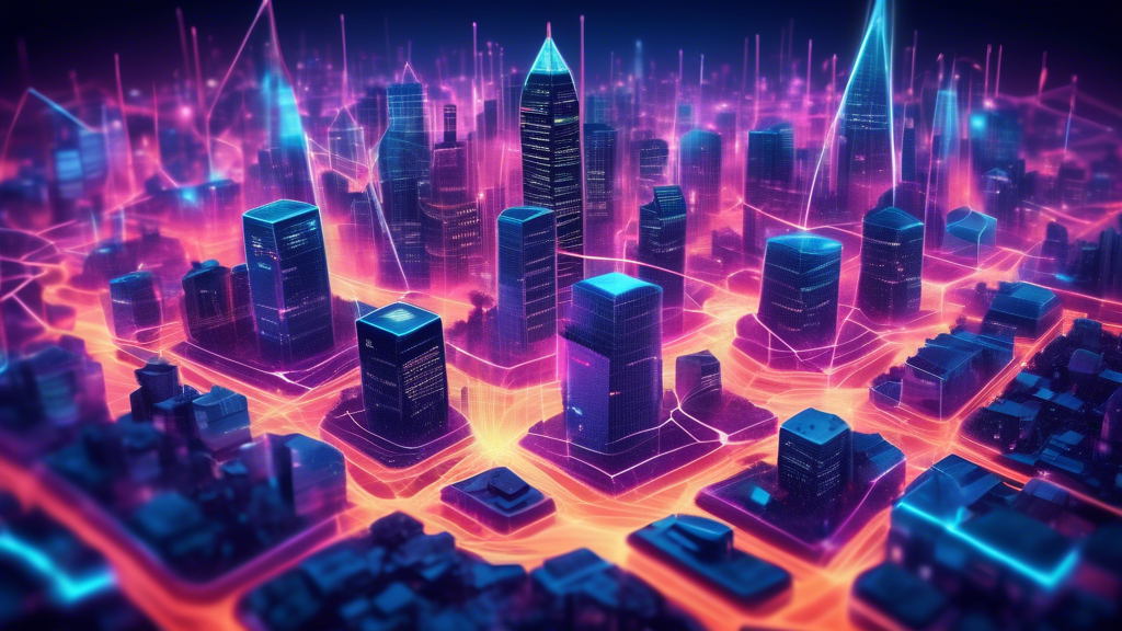 Create an image depicting a futuristic cityscape where Anoma blockchain technology is visualized as a network of glowing, interconnected nodes woven into the fabric of the city. The nodes should symbolize decentralized finance, with vibrant colors representing the seamless, transparent transactions. Include elements like holographic financial charts and digital currency symbols to highlight the transformative impact of Anoma on the financial landscape. The atmosphere should be one of innovation and possibility.